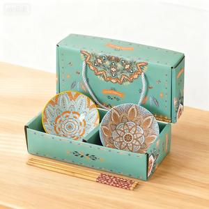 Hot Sale Ceramic 4-PC <b>Set</b>-Eco-Friendly Round Noodle Bowl for Rice Salad Red Blue Color with Gift Box - Product Image 1