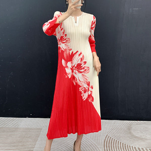 Vestido Midi Plisado Miyake Estilo Nacional para Mujer, con Estampado Floral, Manga Larga, Corte Holgado, Ecológico, Transpirable, Ropa Casual de Verano - Product Image 1