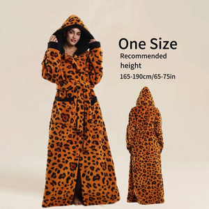 Accappatoio Invernale Ultra Morbido e Caldo con Cappuccio, Stampa Leopardata Arancione, in Flanella Spessa, Lunghezza Intera, ODM XL, per Casa, Hotel, Spa, Abbigliamento <span class=keywords><strong>da</strong></span> <span class=keywords><strong>Notte</strong></span> e Relax - Product Image 1