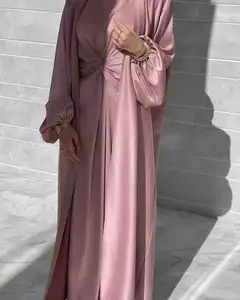 Модный кардиган, Модный комплект одежды из двух предметов, атласный однотонный комплект Абайи для исламской одежды, Дубай, мусульманские женщины
