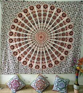 Cama Colcha Queen Size Tapeçaria Algodão Tecido Étnico Pavão Mandala Wall Hanging artesanal