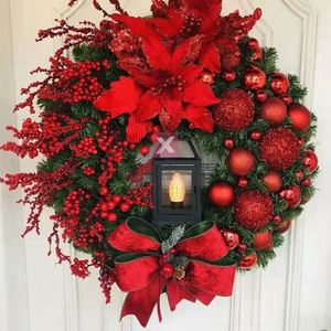 Guirlande de Noël en plastique avec lampe à huile LED, poinsettia artificiel, décoration de porte d'entrée, rouge, or, argent, à suspendre au mur ou à la fenêtre - Product Image 4