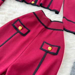 Zweiteiliges Damen-Strick oberteil mit Kontrast besatz und Hose mit weitem Bein und hoher Taille - Product Image 6