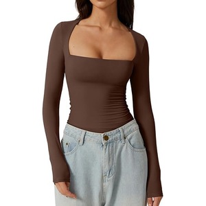 Top da donna a maniche lunghe con scollo quadrato, t-shirt a costine aderente, tinta unita, basic, snellente, casual, crop top Y2K - Product Image 3