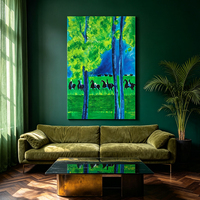 Tableau mural minimaliste village côtier bleu canard impasto fait main déco maison hôtel villa