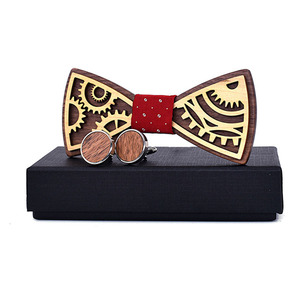 Nœud <span class=keywords><strong>papillon</strong></span> vintage pour homme en <span class=keywords><strong>bois</strong></span> <span class=keywords><strong>sculpté</strong></span> ajouré, rétro, en polyester, couleur unie, haute qualité, avec ensemble de boutons de manchette - Product Image 3