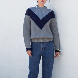 두꺼운 블루 컬러 울 알파카 청키 니트 여성용 크루넥 니트웨어 스웨터 - Product Image 2
