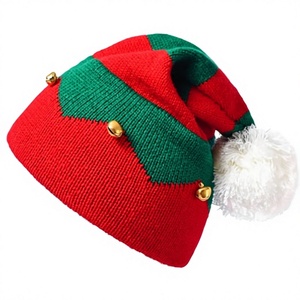 Unisex Knitted <b>Elf</b> <b>Hat</b> Red Green Color Blocking With Bells And Pom Pom Winter Party Beanie <b>Adult</b> Size 56-58CM - Product Image 1