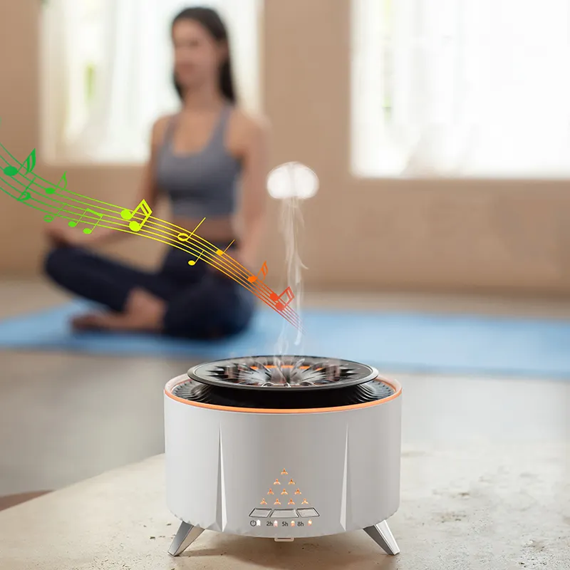 Difusor de altavoz inalámbrico inteligente portátil Humidificador de habitación de aire fragante de fuego 3D ultrasónico inteligente