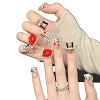 Ongles press-on acryliques peints à la main élégants, motifs 3D chat et lèvres rouges, longueur moyenne, personnalisables pour spas/salons de manucure - Vente en gros