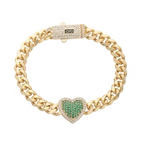 Pulsera de Cadena Cubana de Latón Chapada en Oro de 14K, Joyería de Boda Impermeable, Pulsera de Corazón con Circones Blancos y Verdes para Mujer
