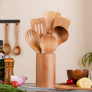 Juego de 6 espátulas de madera de teca natural Comfort Grip con soporte para utensilios para cocinar en la cocina - Product Image 3