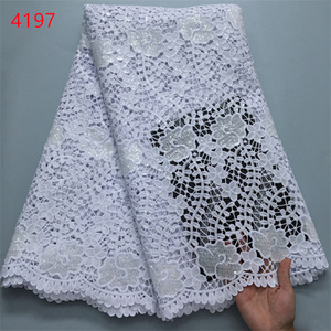 Tessuto in Pizzo Guipure Africano <span class=keywords><strong>Bianco</strong></span> Puro 4197 con <span class=keywords><strong>Paillettes</strong></span>, Tessuti in Pizzo Nigeriano di Alta Qualità per Abiti da Sposa e Feste - Product Image 5