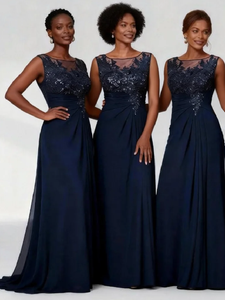 <span class=keywords><strong>Abiti</strong></span> da Cerimonia Blu Navy con Paillettes in Chiffon per Madre <span class=keywords><strong>della</strong></span> <span class=keywords><strong>Sposa</strong></span>, Linea A, <span class=keywords><strong>Taglie</strong></span> Forti, Senza Maniche, Lunghezza a Terra - Product Image 2