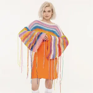 ZHEZHE 2024 Autumn/winter Popular Loose Women's Knit Pullover Sweater Fashion Iridescent Tassel Sweater Top For Women