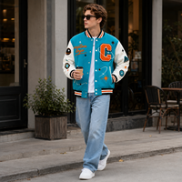 Veste universitaire pour homme en patchwork turquoise et blanc, broderie graphique, style streetwear décontracté, épaisse, en gros