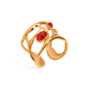 Geometric Red Agate Hollow <b>Open</b> <b>Ring</b> 18K Gold Plated Stainless Steel Unisex Party Jewelry - Product Image 5