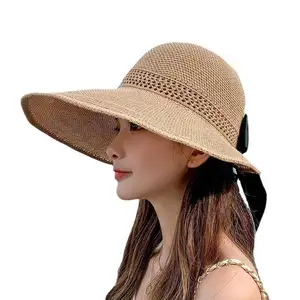 Women's Summer Hollowed-out Bow Big Brim Empty Top Beach Sunshade Sun Protection Straw Hat Visor