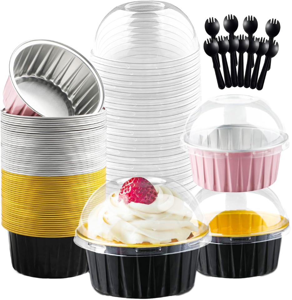 Toast Spoon Jogoico Set 60 Mini Round Cake Molds Lids Spoons 150ML Aluminum Baking ...