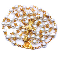 Chapelet de perles dorées livraison gratuite, 8mm, collier, bijoux croix, fournitures religieux catholique