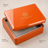 Boîte en bois laquée personnalisée, boîte cadeau, finition orange brillante avec logo en feuille d'or et intérieur doublé de velours pour l'emballage de cadeaux