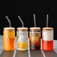 Tasses en verre pour canette de bière de 16oz 18oz avec couvercle en bambou et pailles bouteille d'eau transparente tasse transparente bocaux en verre bouteille de jus