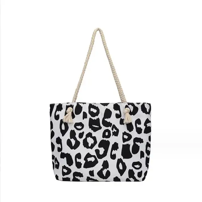 Wholesale Hot Sale Custom Women Fashion Leopard Print Shopping Handbag Large Canvas Tote Beach Bag with Rope Handle
