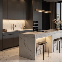 Armoires de cuisine en bois de luxe avec îlot, finition laquée et panneaux en verre pour cuisines de villas modernes