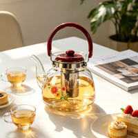 Théière en verre borosilicate à imprimé floral, poignée rouge, grande capacité, avec infuseur amovible, cadeau idéal pour la famille et les amis