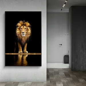 Quadro de pintura em tela, quadro abstrato de leão dourado para decoração de tela em l preto e branco