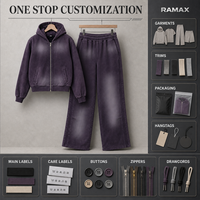 Ensemble sweat à capuche zippé et pantalon de survêtement large RAMAX Heavyweight délavé, style streetwear oversize, décontracté urbain, vente en gros, fournisseur d'usine