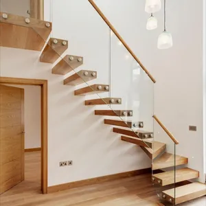 American Modern Standard 12mm Floating Stairs Beam Solid Wood Tread 80mm With LED Light With Standoff Railing Straight Staircase