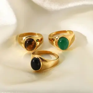 Elegant Vintage Stainless Steel Rings Bohemia Oval Tiger Eye Natural Stone Ring For Men Women