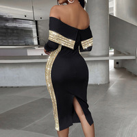 Hiver Nouveau Robe de soirée sexy à manches longues et épaules décolletées pour femmes Patchwork Sequin Elegant Wrap Hip Dress