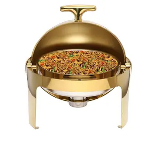 热卖豪华金色不锈钢圆桌顶部保持食物保暖器卷顶部火锅自助餐设备