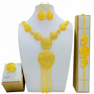 4pcs African Indian Wedding Bridal Set Dubai 24K Gold Plated Flower Necklace Earring Ring Bracelet Jewelry Sets