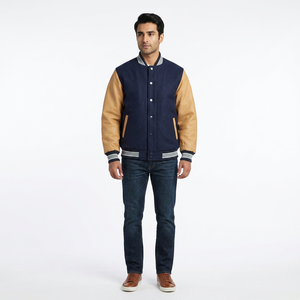 Nouvelle veste varsity pour homme en coton 100% respirant avec col montant, patchwork personnalisé et broderie de logo sur le devant - Product Image 1