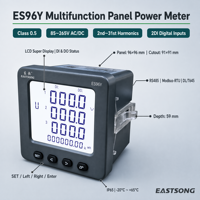 Medidor de Energía Trifásico EastSong ES96Y, 91x91mm, Clase 0.5, RS485 Modbus RTU, Pantalla LCD, IP65, 2DI, Cuatro Cuadrantes