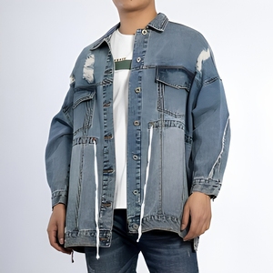 Veste en jean bleu vintage surdimensionnée personnalisée, déchirée, avec détails bruts et cordons de suspension, vente en gros, OEM, USA, usine en gros - Product Image 1