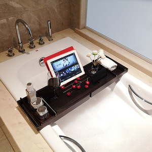Bamboo Bathtub Shelf Multi Functional Bath Tray Wine Rack Phone Holder Adjustable Bathroom Rack Rectangle 17-20.9in Nan Bamboo - Product Image 1