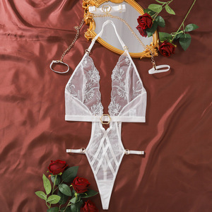 Bodysuit Jaring Transparan Grosir dengan Tali Leher Rantai, Set Lingerie Seksi Bordir Renda - Product Image 5