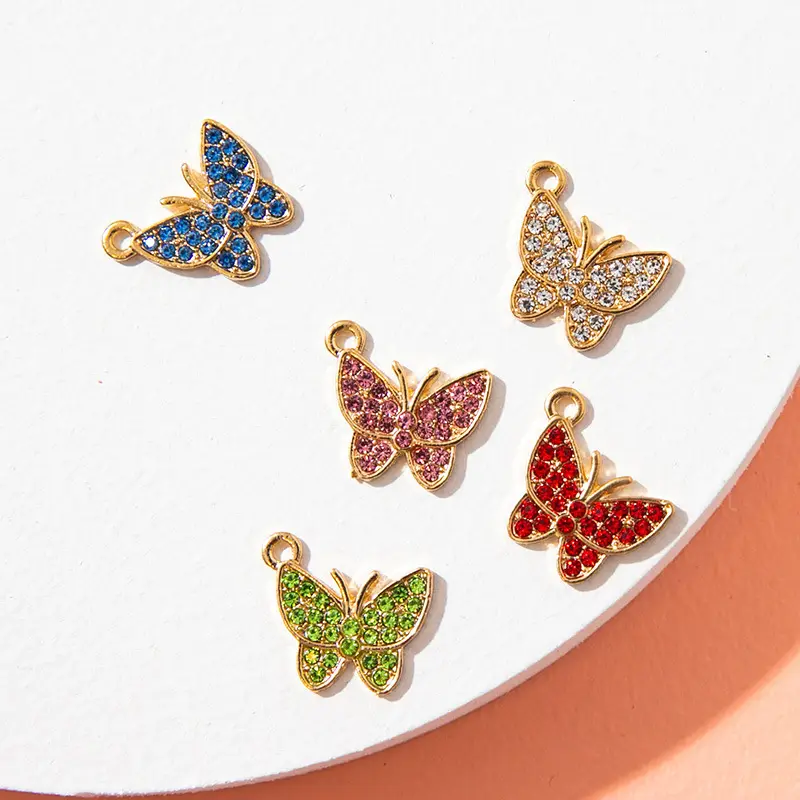 Colgantes de diamantes de imitación de mariposa de aleación, abalorios colgantes de cristal para collar DIY, fabricación y decoración de joyas
