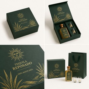 Caja de Regalo de Tequila Personalizada con Vasos de Chupito, Caja Rígida Verde Oscuro, Papel de Aluminio Dorado con Diseño de Agave, Embalaje para Tequila Blanco Reposado - Product Image 2