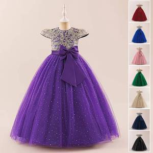 Robe de demoiselle d'honneur de luxe brodée à fleurs, manches volantées, robe de princesse tutu bouffante, costume de scène pour fête d'anniversaire de filles avec nœud - Product Image 1