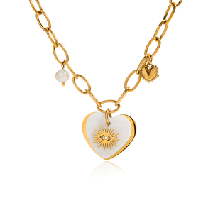 Collar con Colgante de Corazón de Concha de Moda para Mujer, Dijes de Corazón con Ojo Enamorado, Cadena de Eslabones, Collar de Perlas - Product Image 1