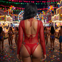 Maillot de bain monokini rouge personnalisé en maille, ensemble 2 pièces à manches longues, style Miami Festival Rave Party, body découpé, vente en gros, fournisseur OEM, faible MOQ