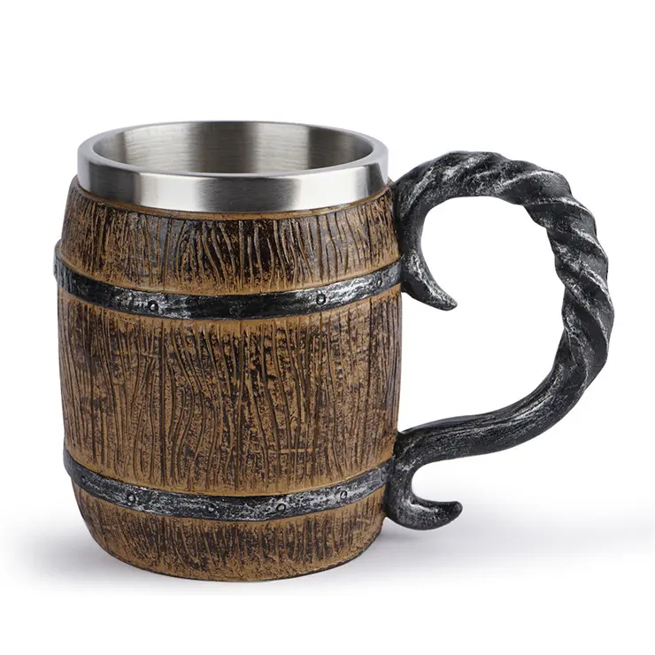 أواني الشرب المصنوعة يدويًا في القرون الوسطى ، برميل خشبي ، استين البيرة ، الفولاذ المقاوم للصدأ خمر ، كوب أواني الشرب