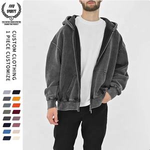 Fabricant personnalisé 400gsm poids lourd Sun Fade Crop Boxy Zipper Vintage Distressed Broderie Patch Hommes Acid Wash Zip Up Hoodie - Product Image 4