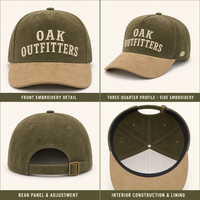 Casquette en daim bicolore de haute qualité avec logo personnalisé, 5 panneaux, broderie 3D en relief, visière incurvée, vert olive et beige, pour le camping, vente en gros