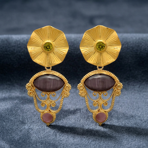 Nouvelles boucles d'oreilles pendantes en or plaqué, design authentique et magnifique, pierre précieuse œil de chat grise, style ethnique pour femmes, idéales pour les fiançailles - Product Image 2